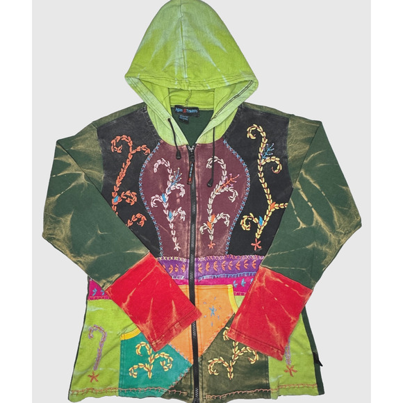 VTG Agan Traders Jacket Womens L Colorful Full Zip Hooded Patchwork Boho Hippie - Picture 1 of 6